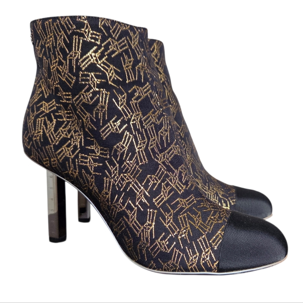 CHANEL CC Logo Cap Toe Ankle Boots With Metal Ruler Heels Gold Chair Print 37.5 - Picture 6 of 16